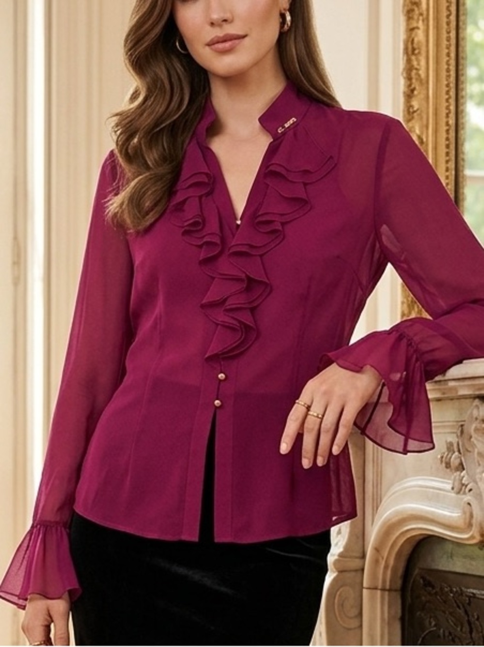 St.John Romantic Vintage Silk Ruffle Magenta Blouse